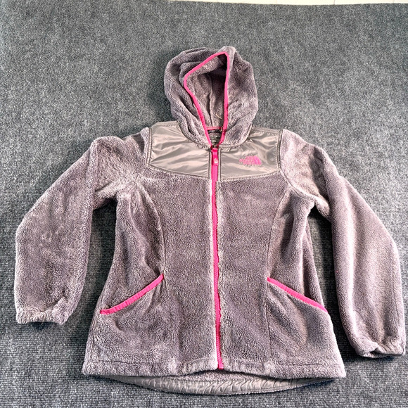 The North Face Girls Gray Hooded Fleece Jacket Size M 10/12 Pink Trim - Picture 1 of 9